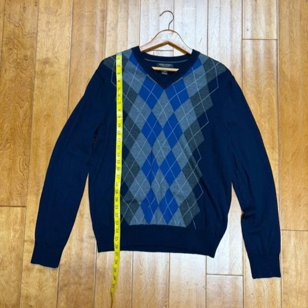 Banana Republic Mens Extra Fine Merino Wool Argyle V-Neck Sweater Preppy Navy L